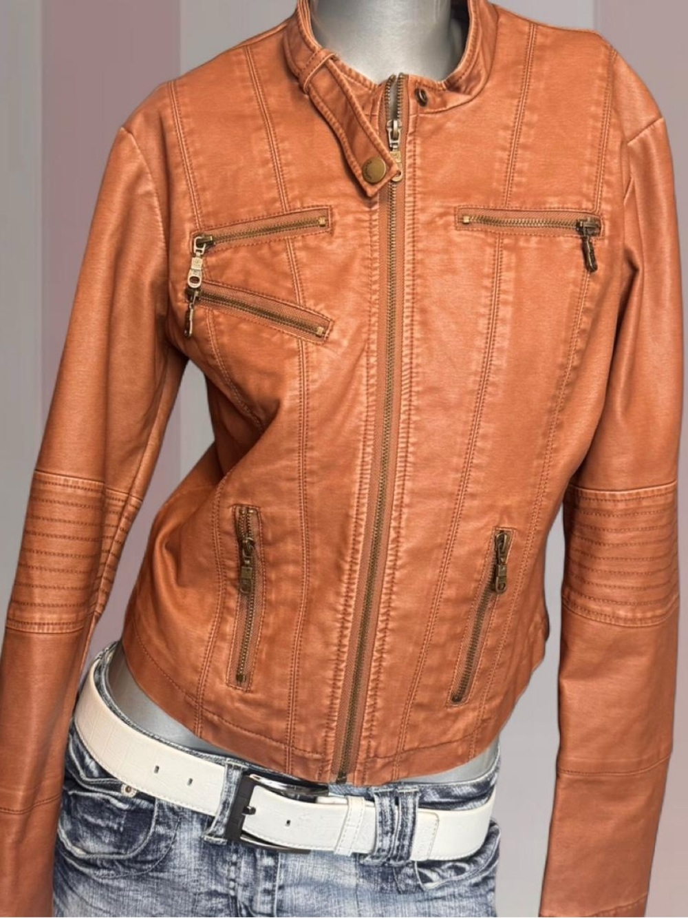 Billabong Y2K Cognac Brown Faux-Leather Moto Jacket
